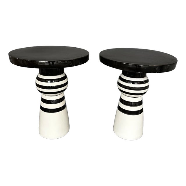 Contemporary Pair of Black and White Ceramic Stripe Side Tables. Italy For Sale