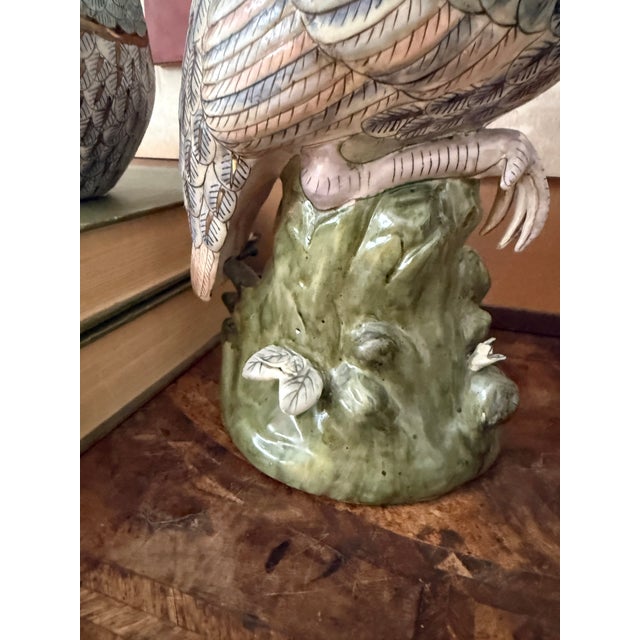 Ceramic Pair of Oversized Vintage Asian Export Porcelain Peacock Figures Hand Painted Macau Large Ceramic Birds For Sale - Image 7 of 11