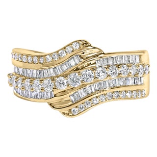 10K Yellow Gold 1.0 Cttw Baguette and Round Diamond Multi-Row Wave Bypass Ring ( Color, Clarity) - Size 9 For Sale