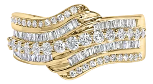 10K Yellow Gold 1.0 Cttw Baguette and Round Diamond Multi-Row Wave Bypass Ring ( Color, Clarity) - Size 9