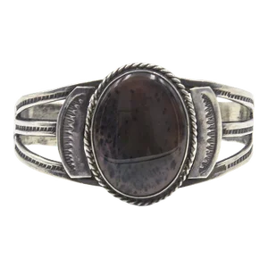 Late 20th Century Native American Moss Agate Sterling Silver Cuff Bracelet With Eagle & Arrow Design