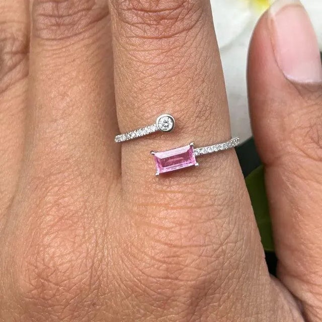 Art Deco Minimalist Open Ended Ring With Baguette Cut Pink Sapphire and Diamond Size 7 For Sale - Image 3 of 10