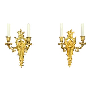 Early 20th Century Pair of Louis XVI Style Gilt Bronze Two Arm Wall Sconces For Sale