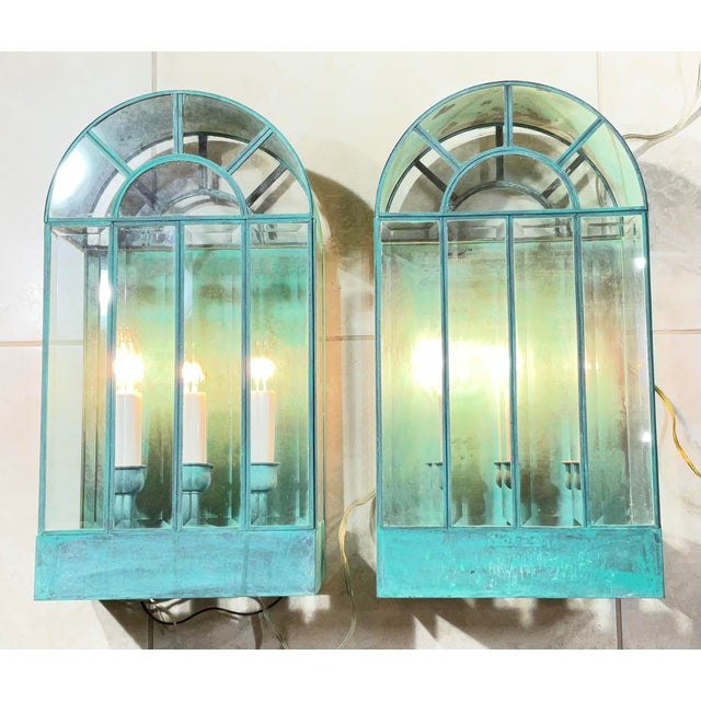 Turquoise Pair of Vintage Solid Brass Wall Lanterns / Sconces With Rich Verdigris Patina For Sale - Image 8 of 13