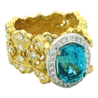 Stambolian 18k Gold Blue Zircon and Diamond Cocktail Ring, Size 8.75 For Sale