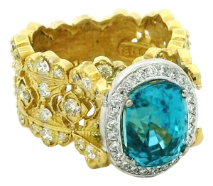 Stambolian 18k Gold Blue Zircon and Diamond Cocktail Ring, Size 8.75
