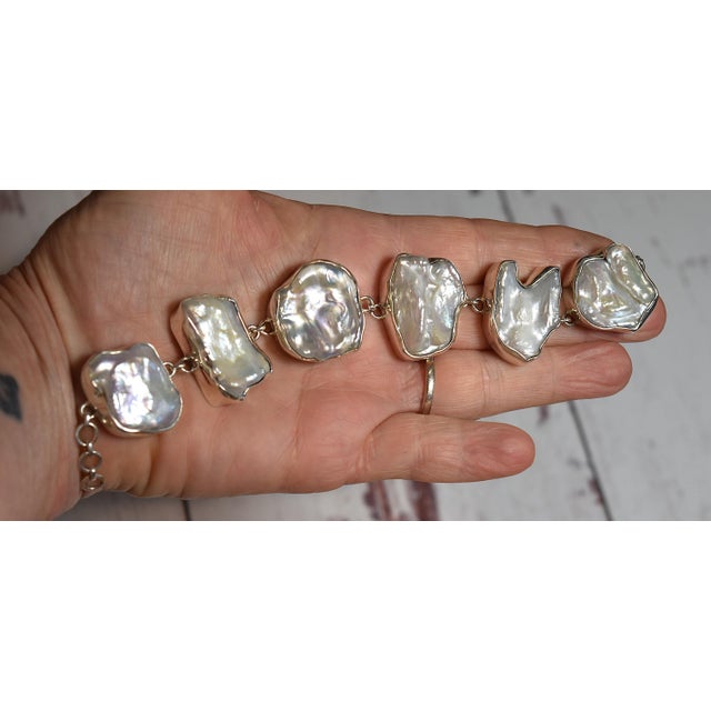White Freshwater Baroque or Keshi Pearl Sterling Silver Link Bracelet For Sale - Image 11 of 18