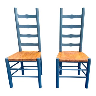 Vintage Pair of Blue Wooden Ladder-Back Chairs For Sale