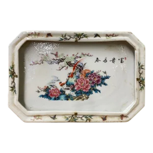 Chinese Off White Porcelain Flower Birds Rectangular Display Plate