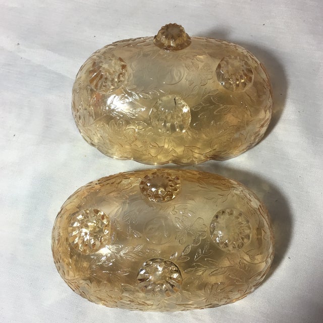 Vintage Jeanette Floral Iridescent Floragold Louisa Scallop Footed Oval Bowls Set of 2