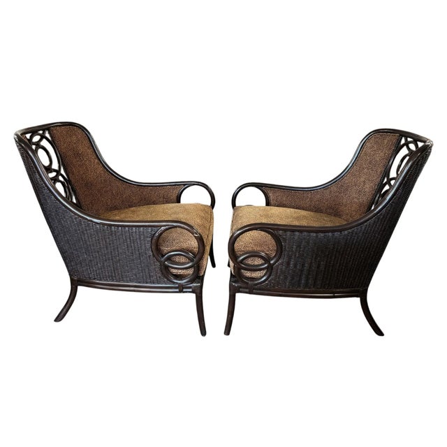 1990s Pair Vintage Lexington Tommy Bahama Coastal Bamboo Rattan Brown Lounge Chairs For Sale - Image 5 of 6
