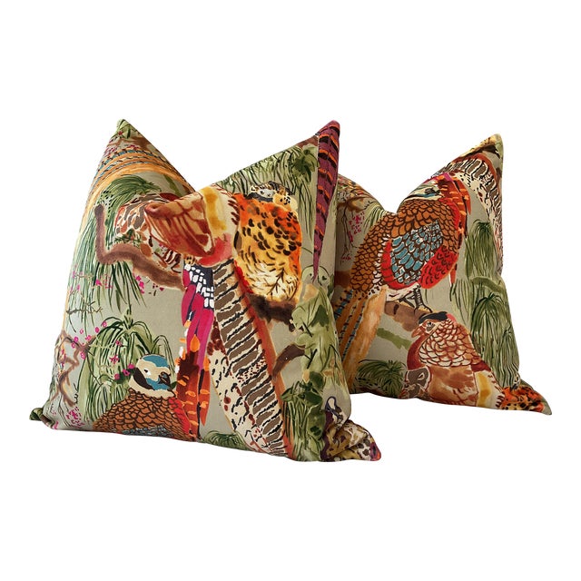 Velvet Mulberry for Lee Jofa Game Birds in Fig and Multi and Stone Pillows- a Pair For Sale