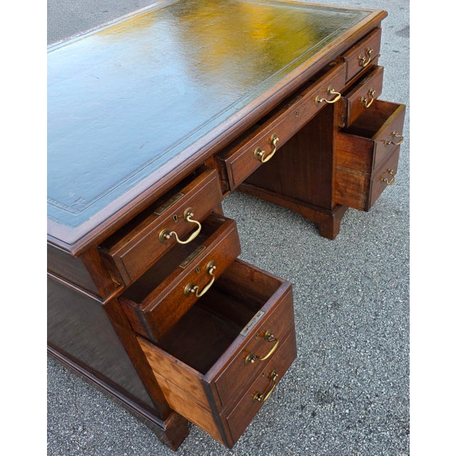 Wood Antique Early 19th Century English Georgian Mahogany Partners' Desk With Green Leather Writing Surface, [54"w X 35.5"d X 30.5"h] For Sale - Image 7 of 18