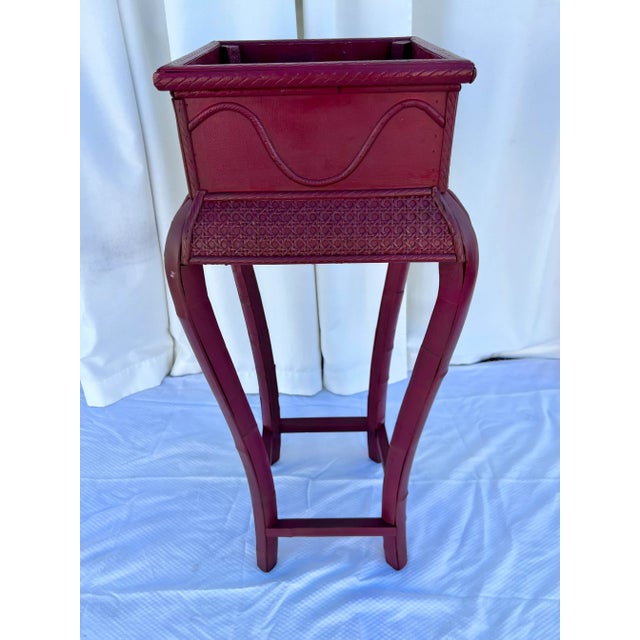 Vintage Red Split Bamboo and Rattan Caning Plant Stand Newly Painted Ruby Red For Sale - Image 12 of 12