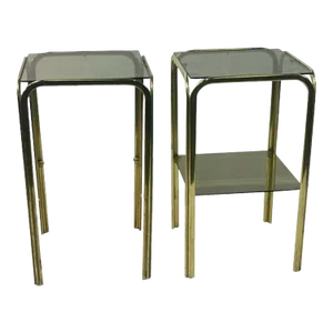1970s Modernist Gold Tubular Double Tier Side Tables - A Pair