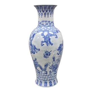 Vintage Chinese Export Delf Style Blue and White Porcelain 25" Tall Dragon Vase For Sale