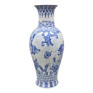 Vintage Chinese Export Delf Style Blue and White Porcelain 25" Tall Dragon Vase