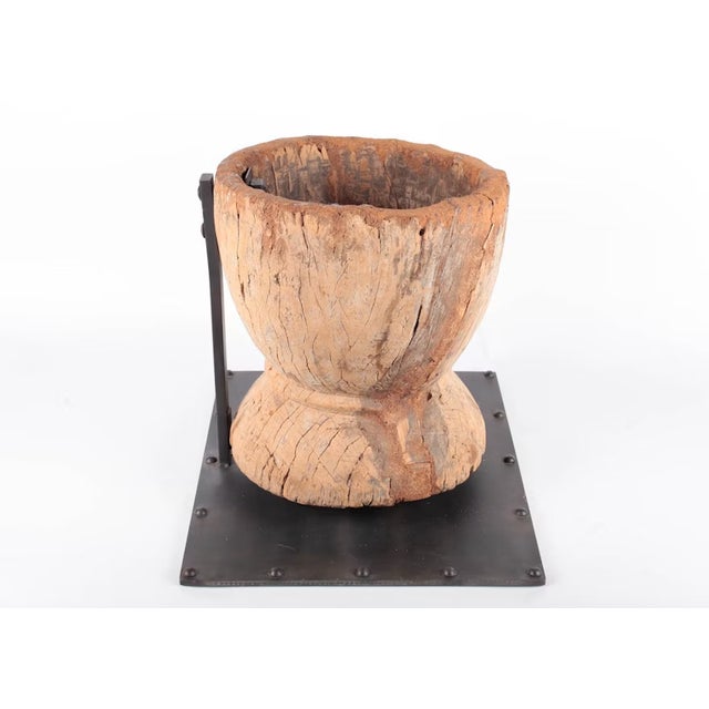 Wood Antique Hand Carved Wood Mortar on Display Stand For Sale - Image 7 of 17