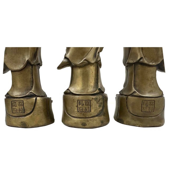 Mid 20th Century Antique Chinese Bronze Western Three Saints Buddha Statue For Sale - Image 17 of 17