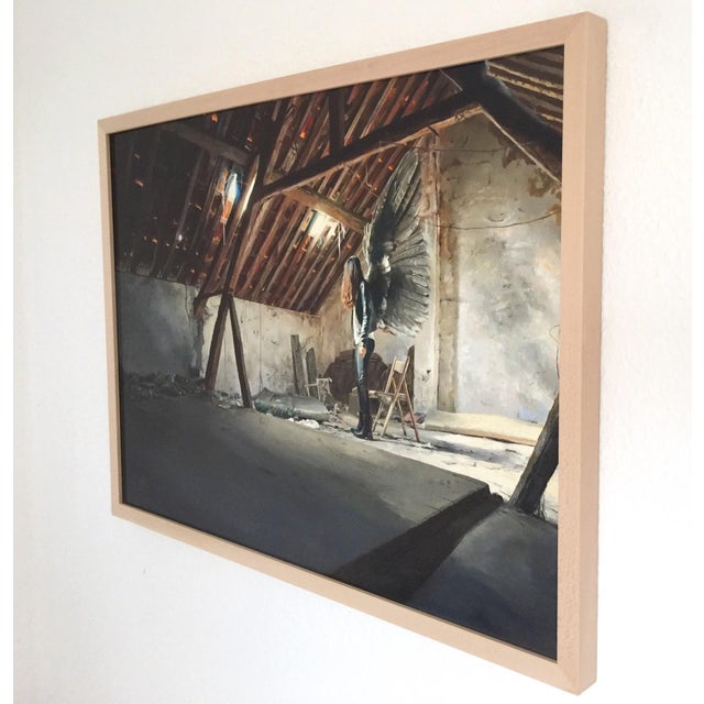 Untold by Linda Delahaye | Oil on panel Woman with wings in an empty attic space. For Sale - Image 4 of 5