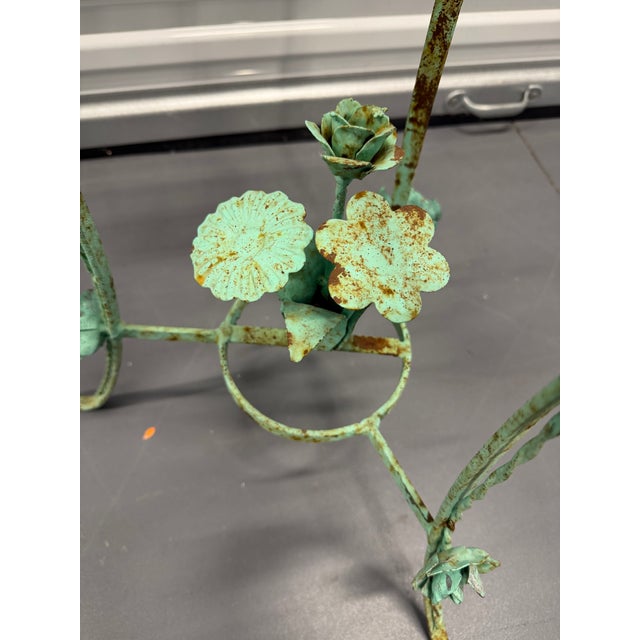 1970s Large Verdigris Wrought Iron Standing Planters With Decorative Dangling Rose and Leaf Motif, a Pair For Sale - Image 11 of 12
