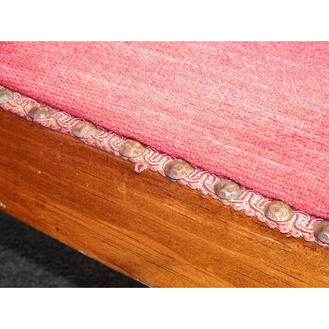 Vintage Oak French Country Rose Colored Velvet Footstool W Decorative Nails For Sale - Image 11 of 12