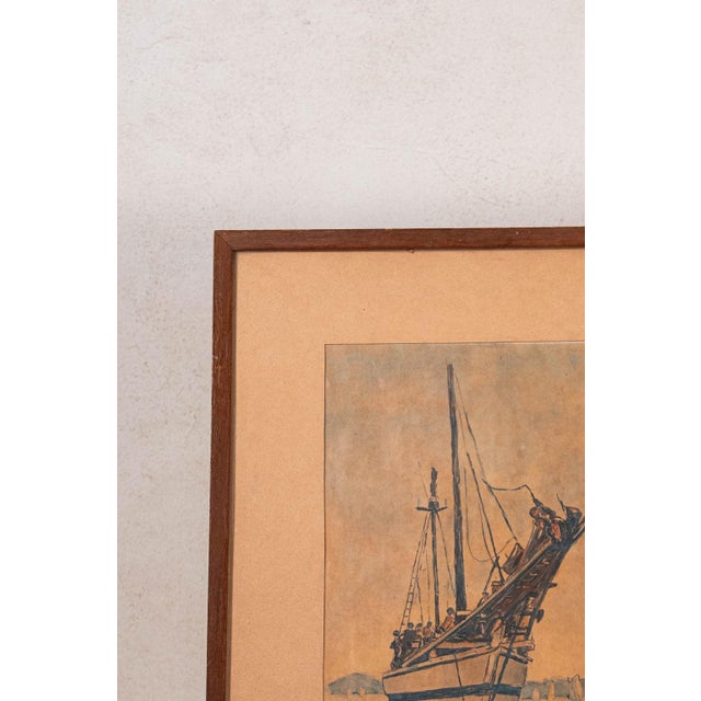 Original signed watercolor by C. Jackson depicting a sailing ship at sea. Presented in a frame with soft washes of color...