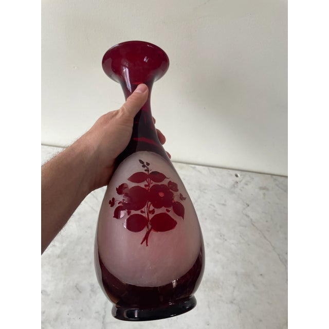 Wonderfully shaped, Bohemian hand blown frosted glass vase. Rich Burgundy with floral design. A wonderful example of...