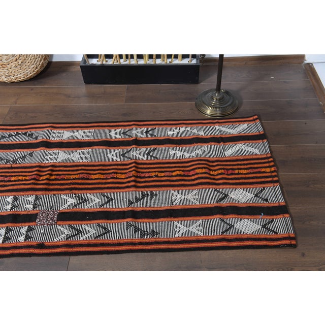 1970s Vintage Handmade Wool Cotton Black Orange Runner Rug For Sale In San Francisco - Image 6 of 11