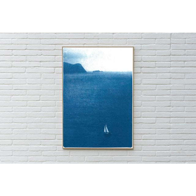 This is an exclusive handprinted limited edition cyanotype. "Misty Sailboat Journey" is a handmade cyanotype print...