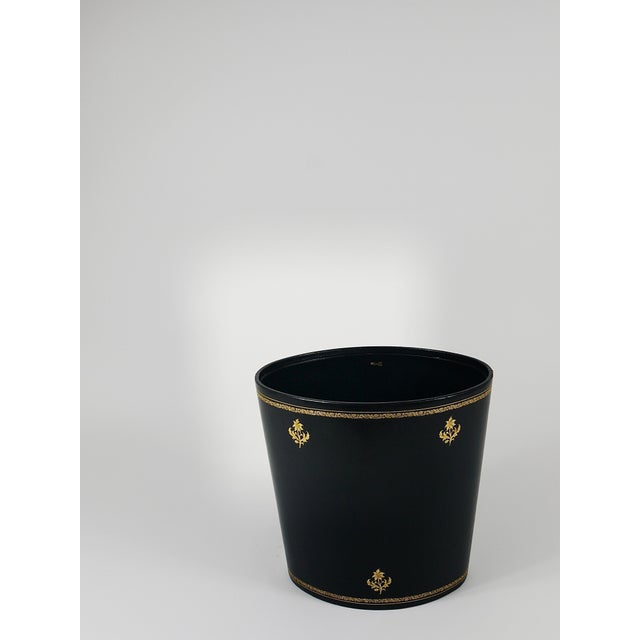 French Black and Gold Leather Wastepaper Basket, 1970s For Sale - Image 11 of 14