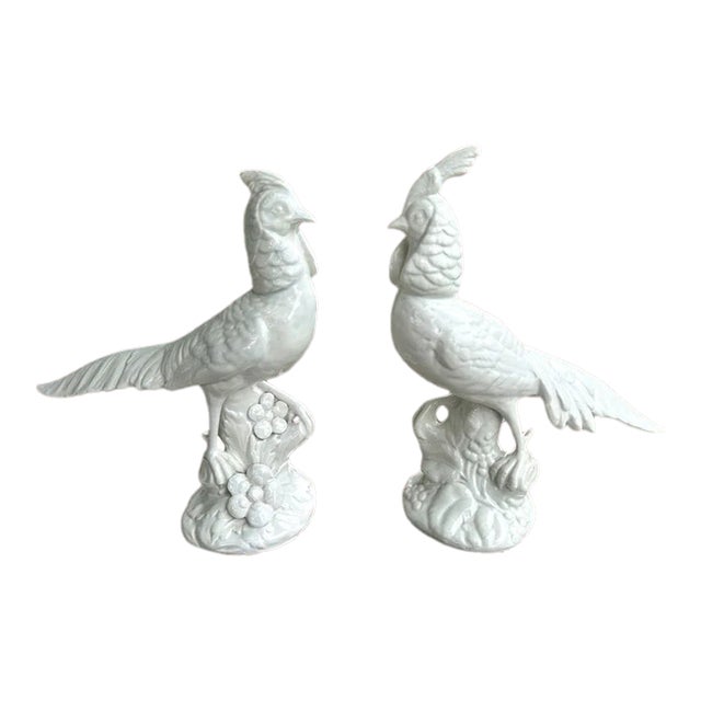 Vintage Circa 1960 Italian Mid Century Modern White Ceramic Pheasant Sculptures - A Pair For Sale
