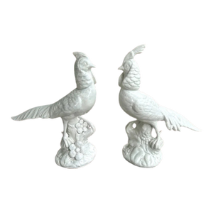 Vintage Circa 1960 Italian Mid Century Modern White Ceramic Pheasant Sculptures - A Pair