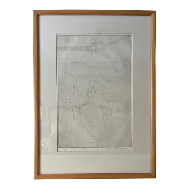 Vintage Large Mid Century Deer Etching Drawing Pencil - Signed and Dated 1951 For Sale