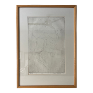 Vintage Large Mid Century Deer Etching Drawing Pencil - Signed and Dated 1951