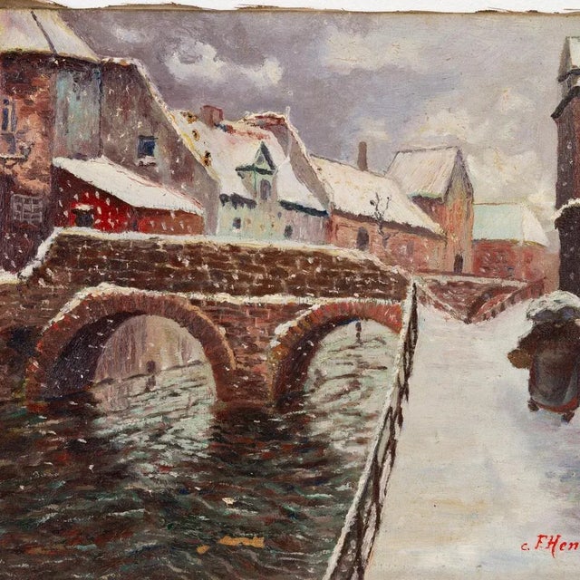 C F Henry Belgian Winter Village Oil Painting Early 20th Century