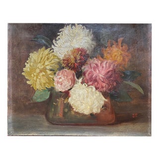J.P., Still Life of a Vase of Dahlias, 1900, Oil Painting on Canvas For Sale