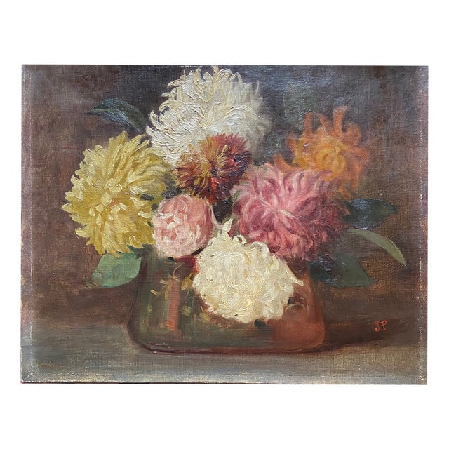 J.P., Still Life of a Vase of Dahlias, 1900, Oil Painting on Canvas For Sale