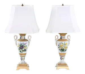 20th Century Gilt Porcelain / Brass Base Pair Table Lamps