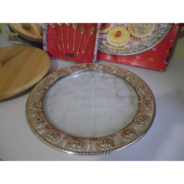 Beige Rotating Cheese Board Set, Cake Serving Platter, and Teaspoons, Set of 8 For Sale - Image 8 of 18