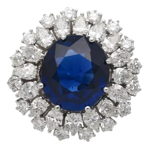 1990s Certified 7.15 Carat Vivid Blue Sapphire & Diamond Sunburst Vintage French Ring, Size 6.5