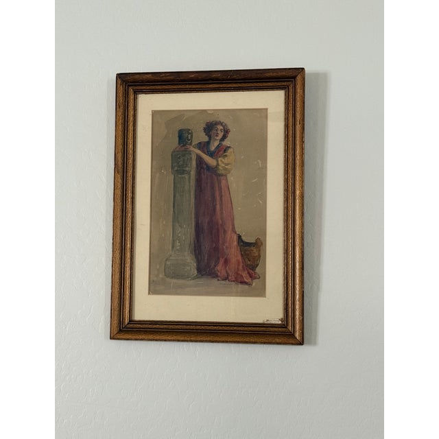 1900 - 1909 Antique Early 20th Century Woman Pedestal Watercolor Signed Matted and Framed Under Glass Original Art 21”t X 14.75”w For Sale - Image 5 of 12