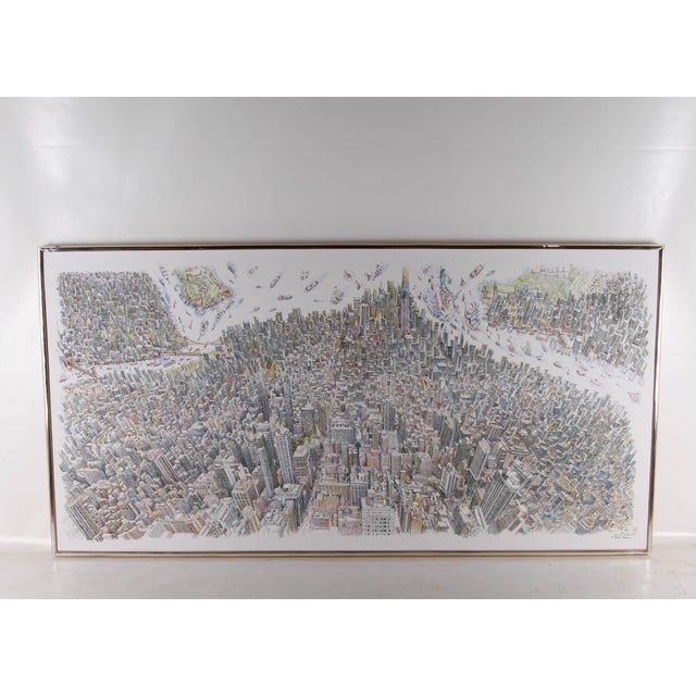 Large contemporary silkscreen print depicting New York City. The original work was a freehand drawing that took the Thai...