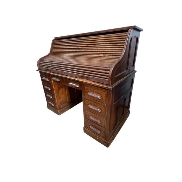 Traditional 1970s National Mount Airy Furniture Roll Top Oak S Curve Desk For Sale - Image 3 of 7