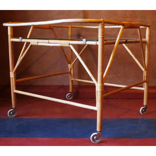 Mid 20th Century Fine Serving Trolley in Bamboo and Frosted Glass, 1950s For Sale - Image 5 of 8