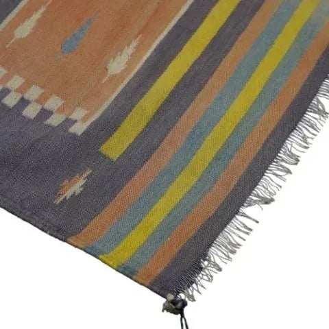 Mid-Century Modern Vintage Dhurrie Extra-Long Geometric Runner Rug in Blue and Green | Rug & Kilim For Sale - Image 3 of 5