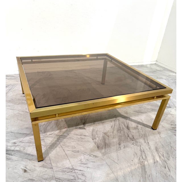Mid-Century Modern Mid-Century Modern Square Brass & Smoked Glass Coffee Table, 1970s For Sale - Image 3 of 9