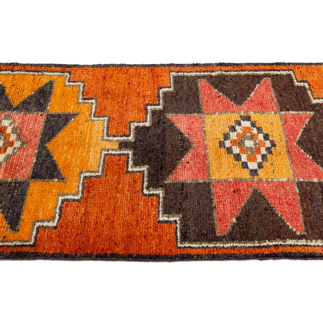 1960s 3 X 10 Vintage Turkish Wool Runner in Burnt Orange With Tribal Geometric Motifs For Sale - Image 5 of 10