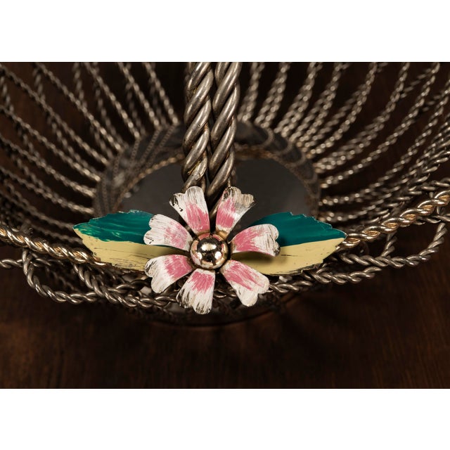 Metal Hollywood Regency Wire Basket with Floral Decor, 1950s For Sale - Image 7 of 10
