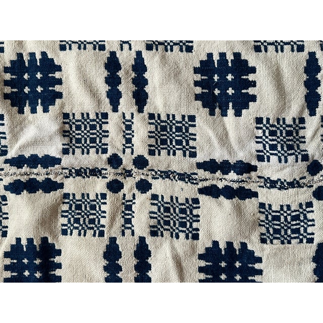 Antique 19th Century Hand Loom Woven Blue and White Coverlet For Sale - Image 15 of 16